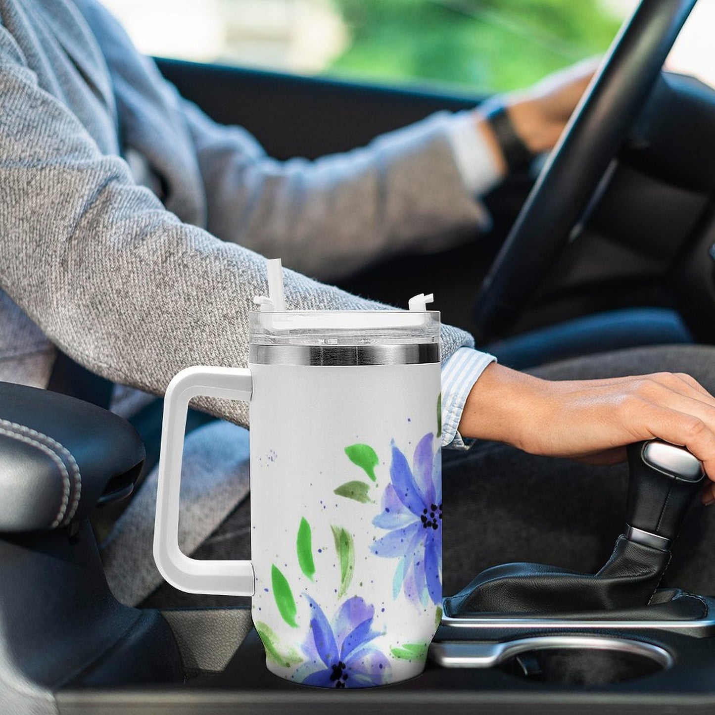 PHDT00144 POD US Local Tumbler 40 oz Large Capacity Car Cup Watercolor, Blue Flowers, Green Leaves