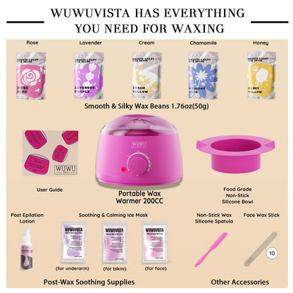 US Local Waxing Kit WUWUVISTA 23 Items Hair Removal Wax Kit With Wax Warmer Waxing Beads For Face, Brazilian, Full Body, Bikini, Sensitiive Skin  Skin Suitable For Plugs Of American, European Specification