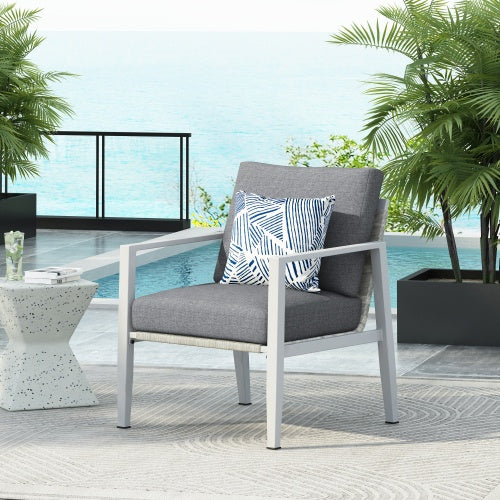 US Local Gray Aluminum Lounge Chair With Sleek Rope Accents And Comfortable Cushions, Perfect For Modern Outdoor And Indoor Spaces