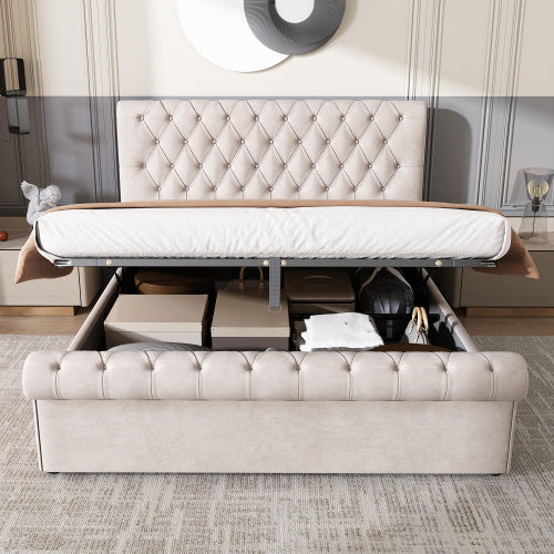 UK Local Upholstered Bed 5ft,150x200, 5ft King Bed, Luxurious Velvet Button-Tufted Sleigh Bed Storage, Functional Bed With Slatted Frame And Storage, Beige