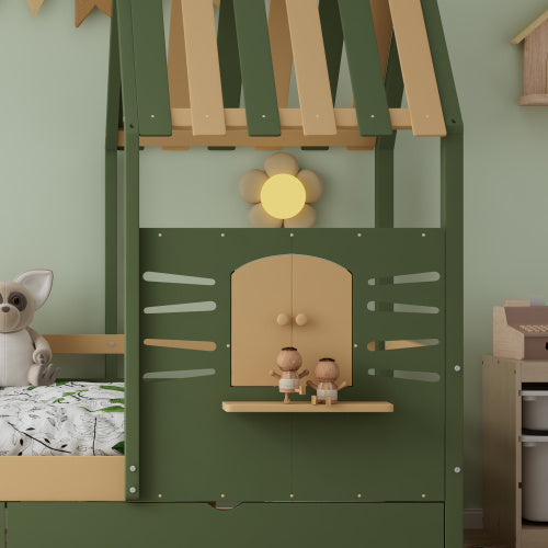 UK Local Wooden Bed, Children S Bed, 3ft Single Bed 90x190cm, MDF  Pinewood  Plywood, Two Storage Drawers,  Roof Shape With A Window, Green  Natural