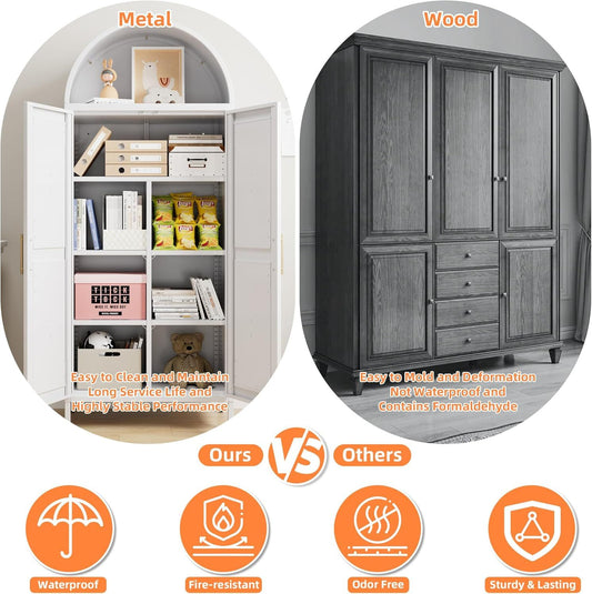 US Local White Kitchen Pantry Cabinet, Arched Storage Cabinet With Doors And Adjustable Shelves, Tall Freestanding Cupboard For Laundry, Dining Room, Living Room, Bathroom