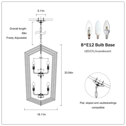 US Local 8-Light Farmhouse Kitchen Chandeliers, Matte Black And Sliver Vintage Rustic Cage Light Fixture Adjustable Height Chandeliers For Dining Room Hallway Foyer Entryway E12 Bulbs Not Included