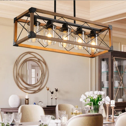 US Local 32 Walnut Industrial Farmhouse Rectangle Pendant Light, 5-Light Chandelier With Lampshades For Dining Room, Kitchen Island, Cafe Decor No Bulbs