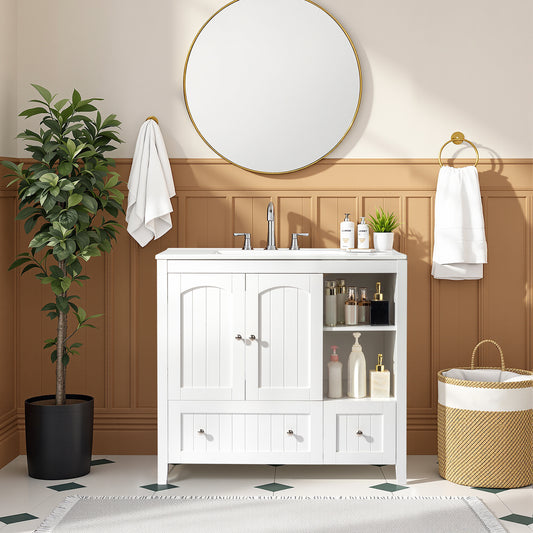 US Local White MDF Painted Double Door Double Drawer With Masking Strip Basin Cabinet 91x46x82cm