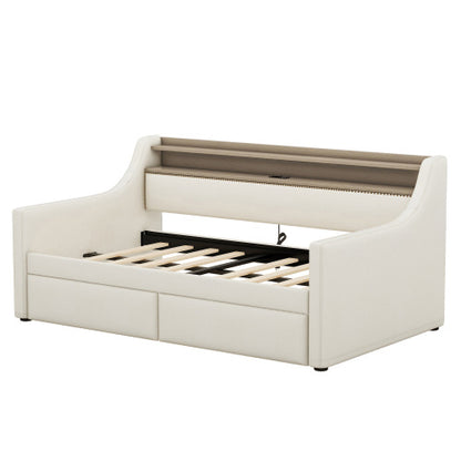 US Local Twin Size Daybed With Storage Drawers, Upholstered Daybed With Charging Station And LED Lights, Beige