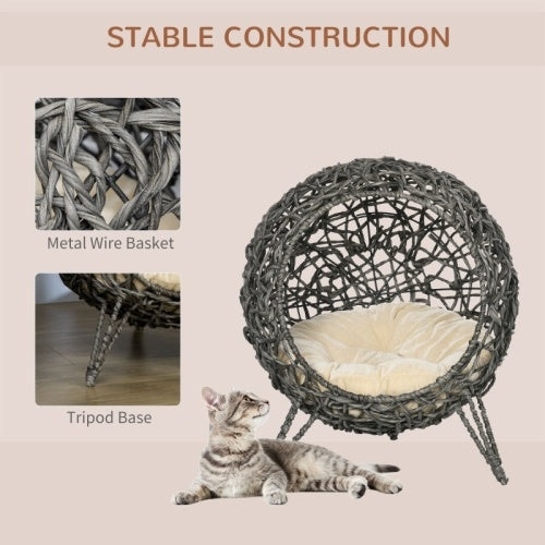 UK Local PawHut Rattan Elevated Cat Bed House Kitten Basket Ball Shaped Pet Furniture W Removable Cushion - Silver-Tone And Grey