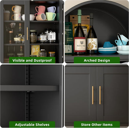 US Local Arched Kitchen Pantry Storage Cabinet With Doors Shelves, Black Arched Bookcase Display Cabinet For Home Office Bar Living Room, Assemble Require