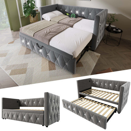 UK Local Daybed Single Upholstered Bed Sofa Bed With USB &Type C Charging Station, 3FT Single Bed 90 X 190 Cm With Trundle ,Pull Out Trundle For Living Room And Bedroom, Velvet