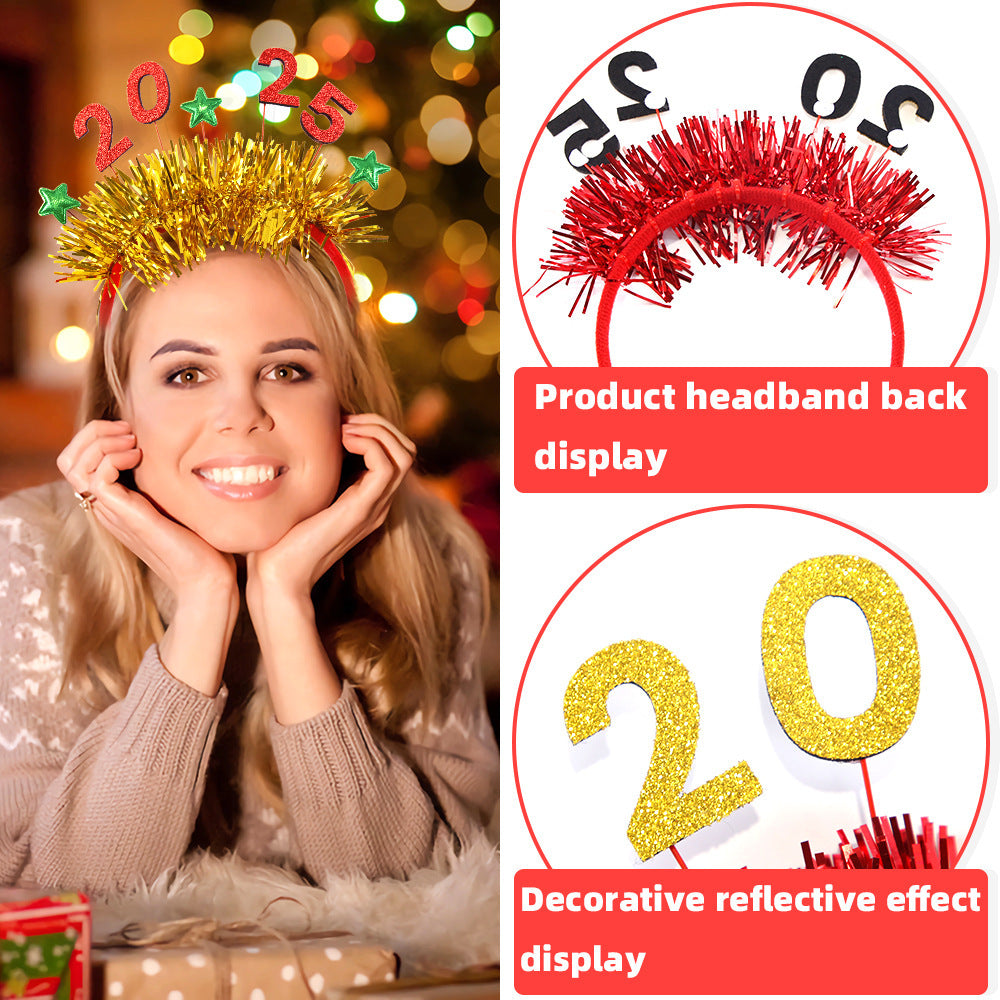 US Local 5 Packs Christmas Headbands 2025 New Year Hairband Xmas Glitter Hair HoopTinsel Hair Accessories For Christmas New Year Party Celebration Headdress Decorations