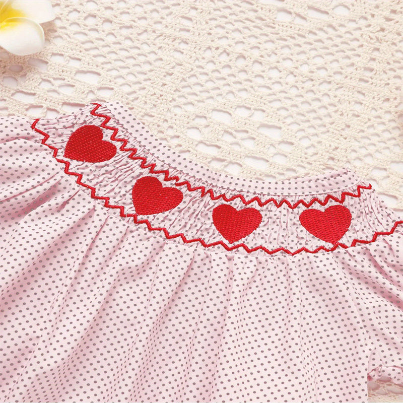 US Local Baby Girl's Short Sleeve Pink Romper, Polka Dot Pattern With Heart Embroidery And Ruffle Detail