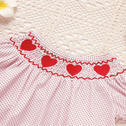 US Local Baby Girl's Short Sleeve Pink Romper, Polka Dot Pattern With Heart Embroidery And Ruffle Detail