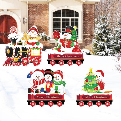 US Local 4 Pack Christmas Yard Signs With Plastic Stakes Xmas Train Snowman Christmas Tree Gift Lawn Signs For Yard Fence Garden Lawn Xmas Holiday Outside Decoration Supplies