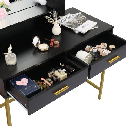 US Local Black, Particleboard, Steel Frame, Two-drawer, Three-tier Shelf, Dressing Table Set, Three-tone Light, Light Luxury
