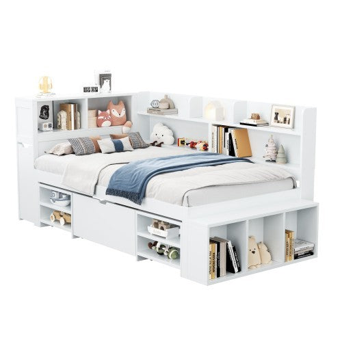 UK Local Children's Bed, Single Bed-3ft 90x190cm, Single Bed, Multifunctional Children's Bed With Drawers, Bookcase And Storage Cupboard, Large Storage Space, Slatted Frame, Without Mattress, White