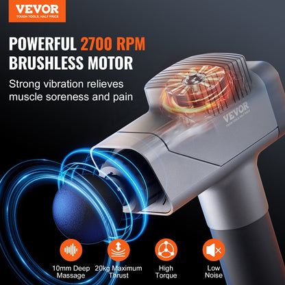US Local VEVOR Massage Gun Deep Tissue, Percussion Muscle Massager For Athletes - With 8 Speed Levels & 6 Massage Heads, 16V 2500mAh Batteries, Handheld  Massage Gun For Pain Relief, Muscle Relaxation