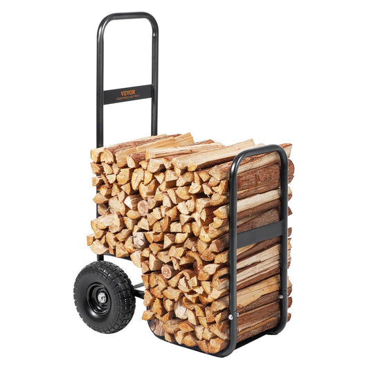 US Local Firewood Log Cart, 250 Lbs Capacity, Outdoor And Indoor Wood Rack Storage Mover With PU Wheels  Waterproof Cloth, Heavy Duty Steel Dolly Hauler, Firewood Carrier For Fireplace, Fire Pit, Black
