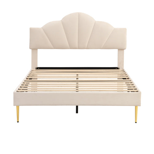 UK Local Velvet Upholstered Bed,Double Bed-4ft6 135x190cm, Shell-like Bed With Golden Iron Legs, Height-adjustable Headboard, Wooden Slatted Frame, Beige