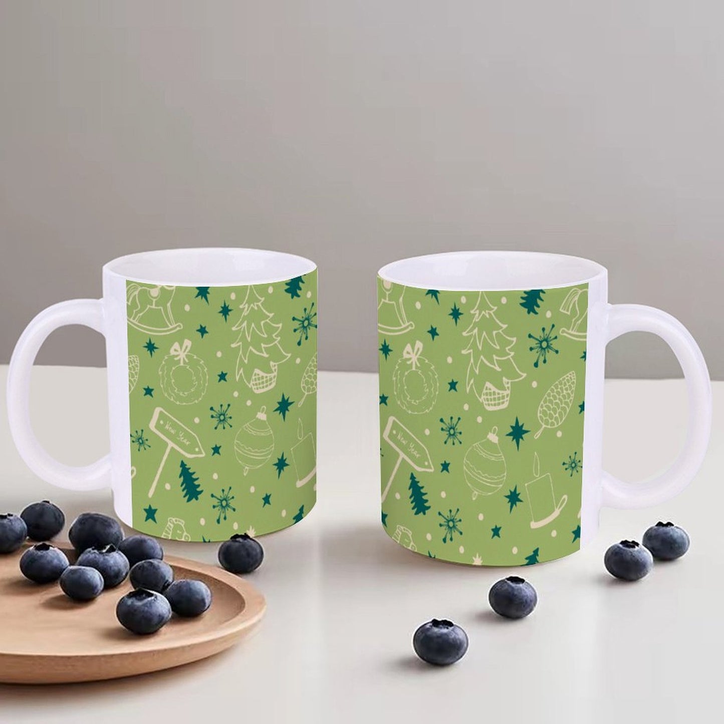 POD US Local White mug with full print, Christmas Trees, New Year, Trojans, Pinecones 0084