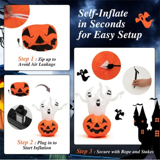 6ft Halloween Inflatable Ghost & Pumpkin Decoration - Colorful Rotating Flame Light, 190T Waterproof Polyester For Yard Outdoor