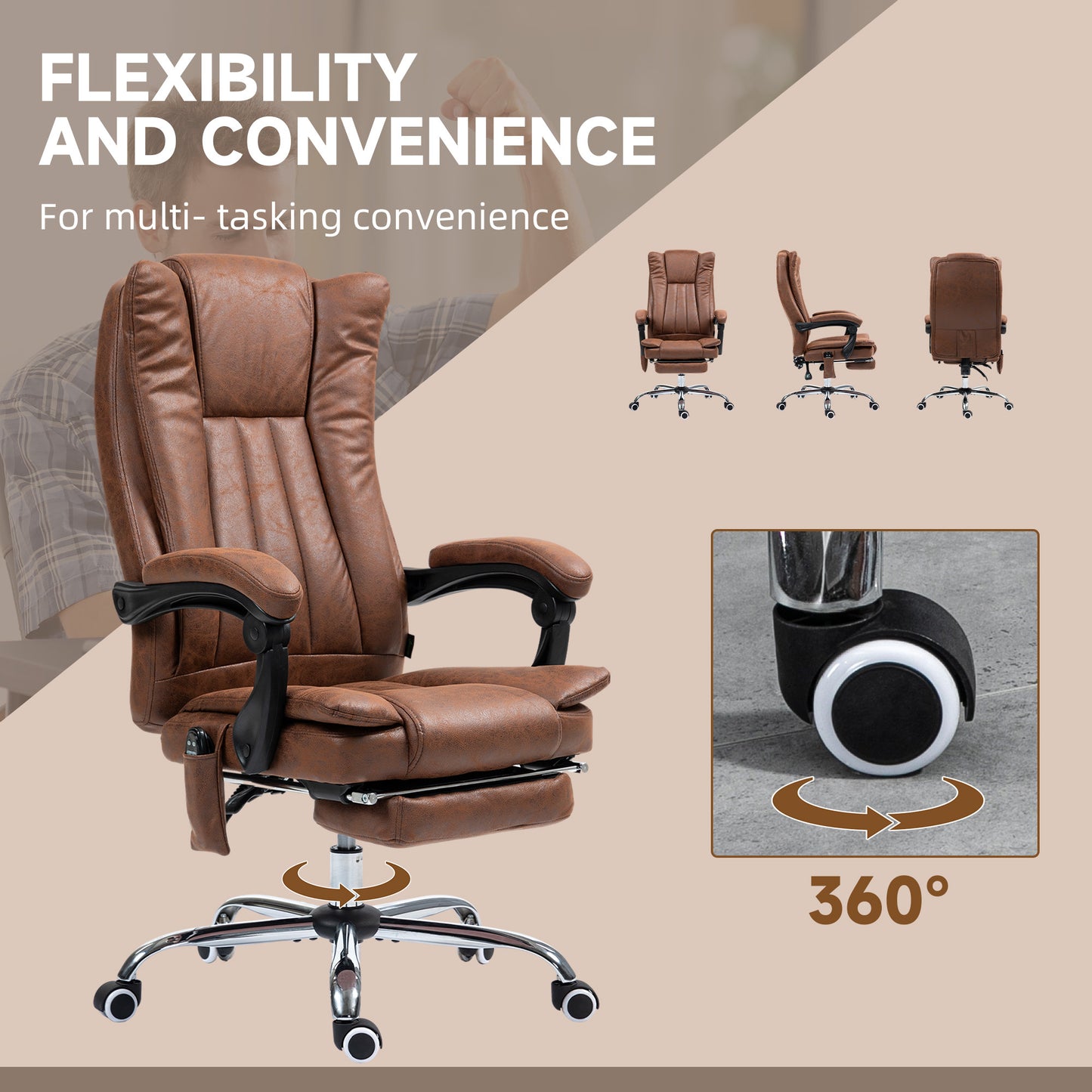 US Local Massage Office Chair With 6 Points And Heat, Reclining Computer Chair With Adjustable Height And Footrest, Brown