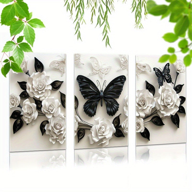US Local 3 Pieces Set Of Framed Wall Art Canvas Prints Featuring A Black Butterfly And White Roses - Perfect For Home, Office, Living Room, Or Bedroom