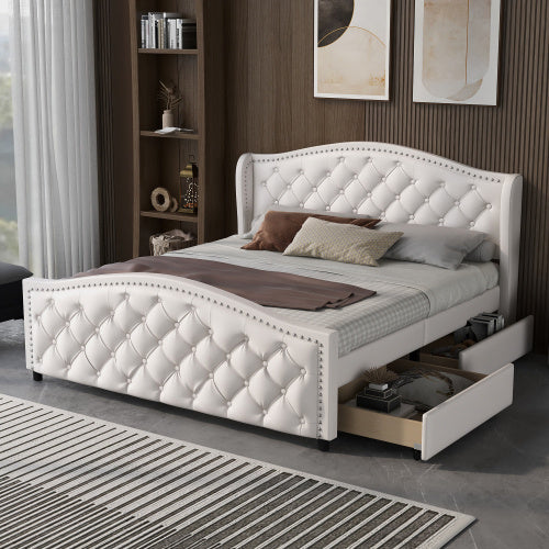 UK Local Upholstered Bed 135 X 190cm - Bed With Slatted Frame, 2 Drawers And Headboard With Pull Point Rivets - Wood & Faux Leather - White - Youth Bed Guest Bed