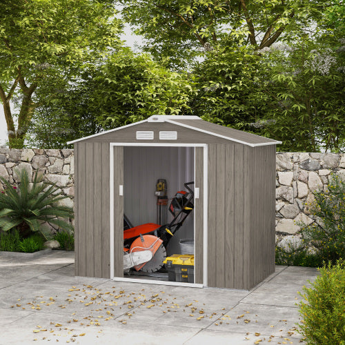 UK Local Outsunny 7 X 4ft Metal Garden Storage Shed With Vents, Floor Foundation Kit And Lockable Double Doors, Light Brown