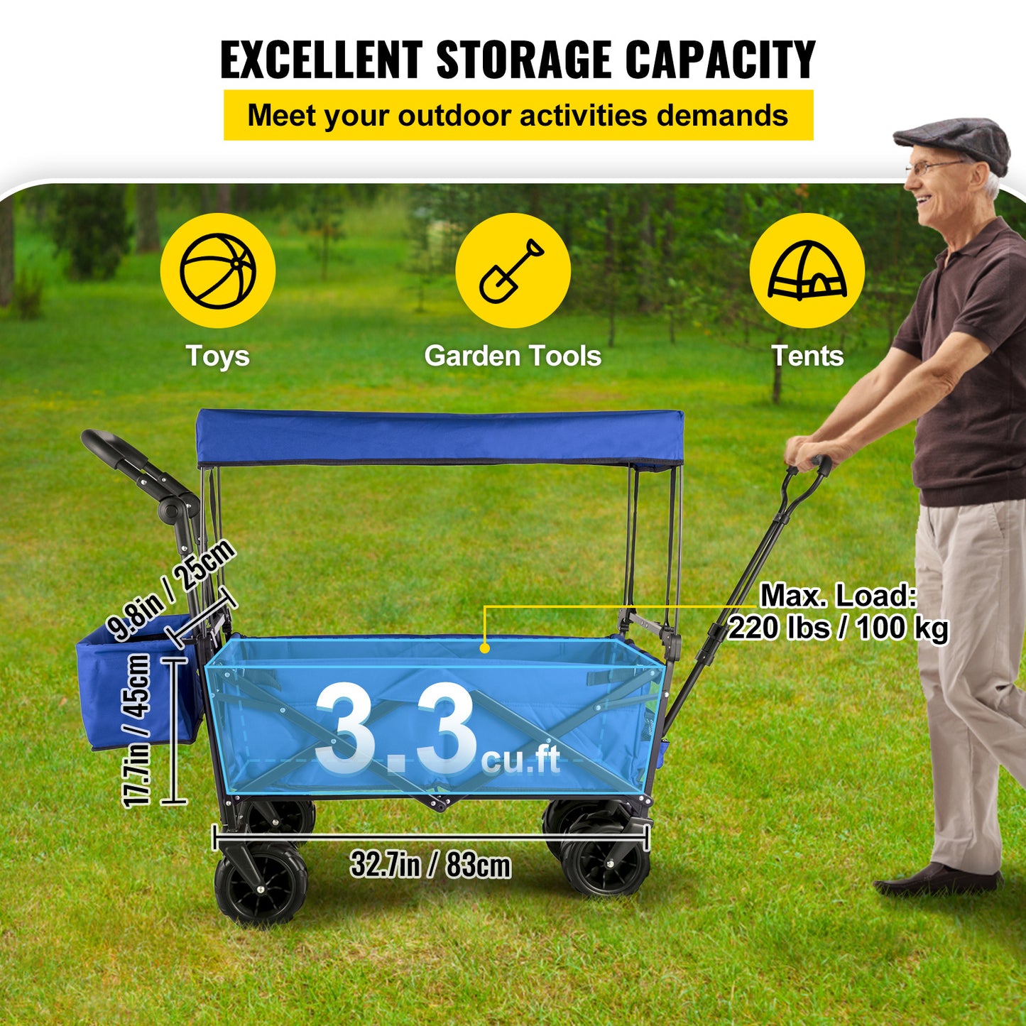 US Local VEVOR Extra Large Collapsible Garden Cart With Removable Canopy, Folding Wagon Utility Carts With Wheels And Rear Storage, Wagon Cart For Garden, Camping, Grocery Cart, Shopping Cart, Blue
