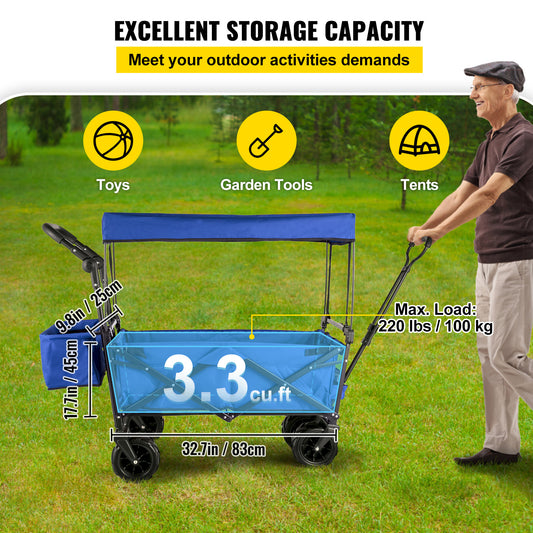 US Local VEVOR Extra Large Collapsible Garden Cart With Removable Canopy, Folding Wagon Utility Carts With Wheels And Rear Storage, Wagon Cart For Garden, Camping, Grocery Cart, Shopping Cart, Blue