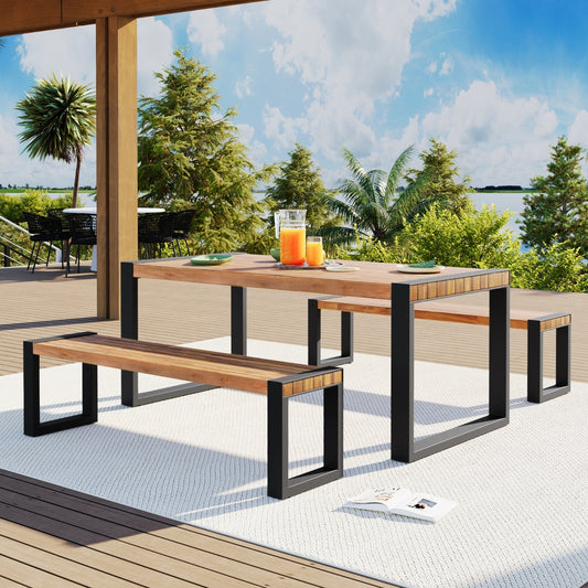 US Local GO 3-pieces Outdoor Dining Table With 2 Benches, Patio Dining Set With Unique Top Texture, Acacia Wo