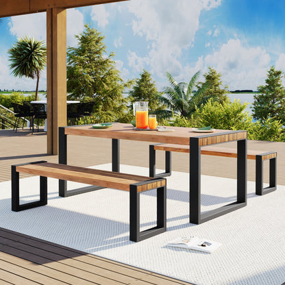 US Local GO 3-pieces Outdoor Dining Table With 2 Benches, Patio Dining Set With Unique Top Texture, Acacia Wo