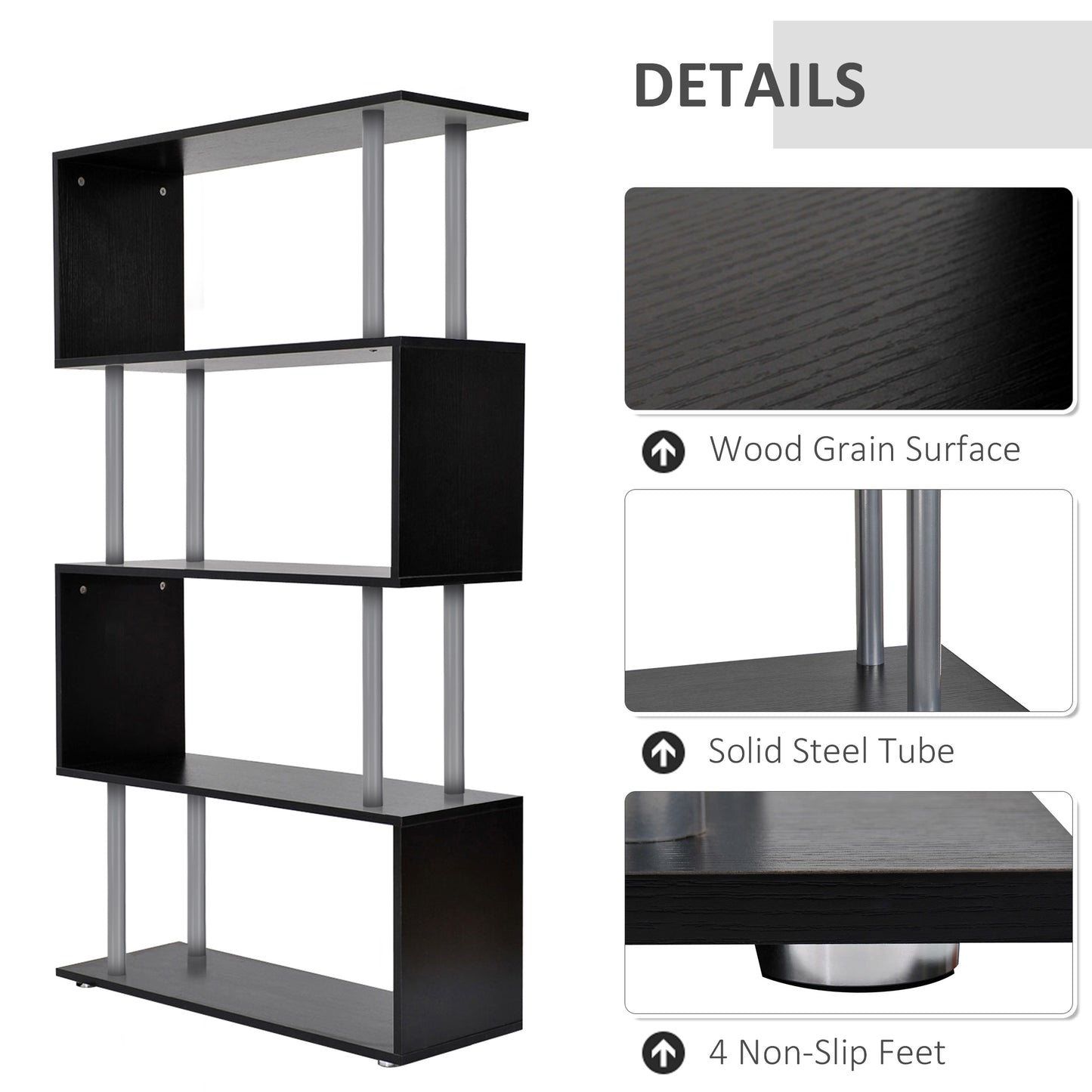 US Local 5-Tier Bookcase S-Shaped Wooden Storage Shelf Modern Decorative For Home And Office Black