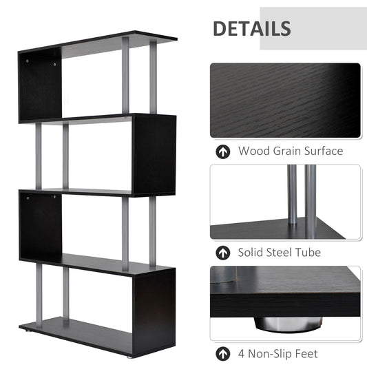 US Local 5-Tier Bookcase S-Shaped Wooden Storage Shelf Modern Decorative For Home And Office Black