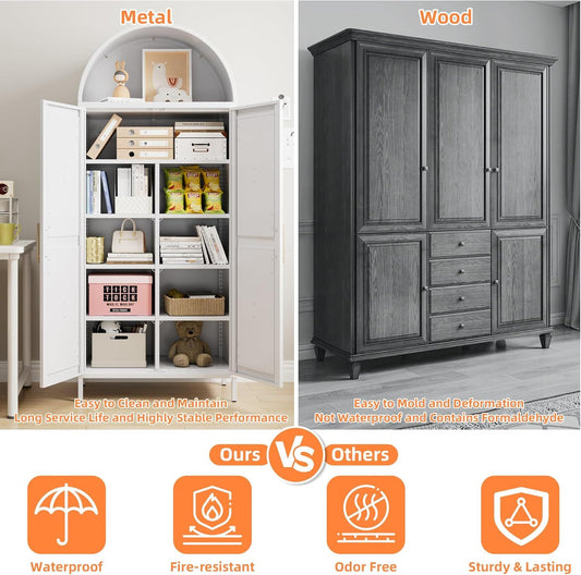 US Local Tall Kitchen Pantry Cabinet, Arched Storage Cabinet With Doors And Adjustable Shelves, White Freestanding Cupboard For Laundry, Dining Room, Living Room, Bathroom