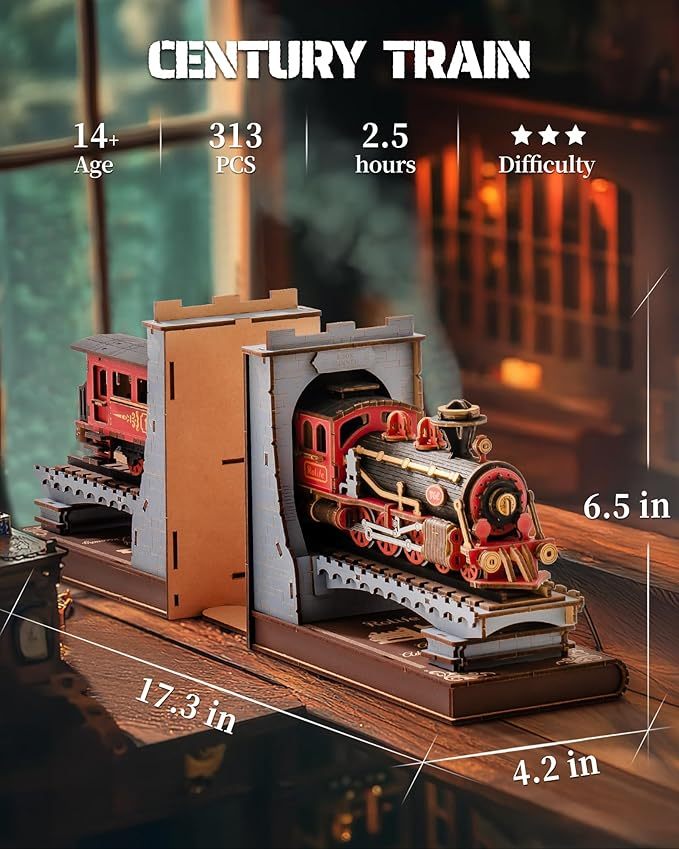 US Local ROBOTIME Book Nook Book Ends Kits Century Train DIY Booknook 3D Wooden Puzzle Model Kit Bookend Bookshelf Decoration Gifts For Adults Kids Teens