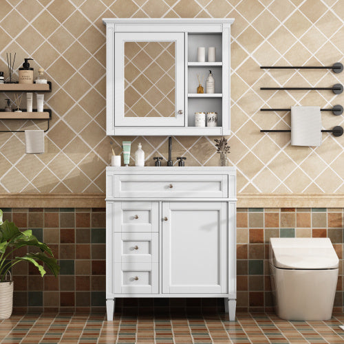 US Local 30'' Bathroom Vanity With Top Sink, Modern Bathroom Storage Cabinet With 2 Drawers And A Tip-out Drawer, Freestanding Vanity Set With Mirror Cabinet, Single Sink Bathroom Vanity