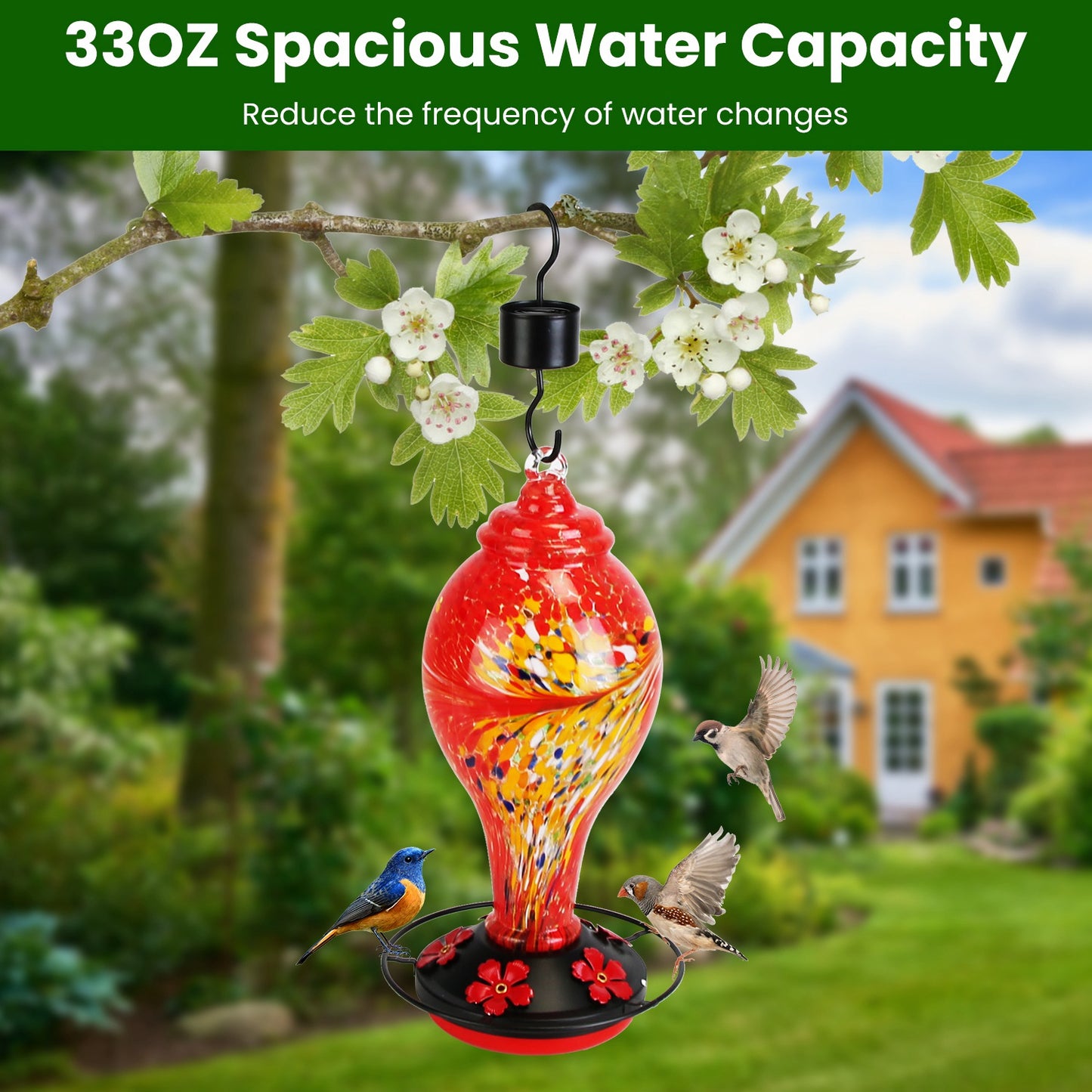 US Local 1Pc Glass Hummingbird Feeder 33OZ Hand Blown Hummingbird Feeder With 5 Flower Feeding Port Perch Ant Moat Hanging Hook S Hook Hemp Rope Cleaning Brush For Garden Decor