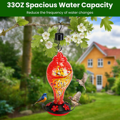 US Local 1Pc Glass Hummingbird Feeder 33OZ Hand Blown Hummingbird Feeder With 5 Flower Feeding Port Perch Ant Moat Hanging Hook S Hook Hemp Rope Cleaning Brush For Garden Decor