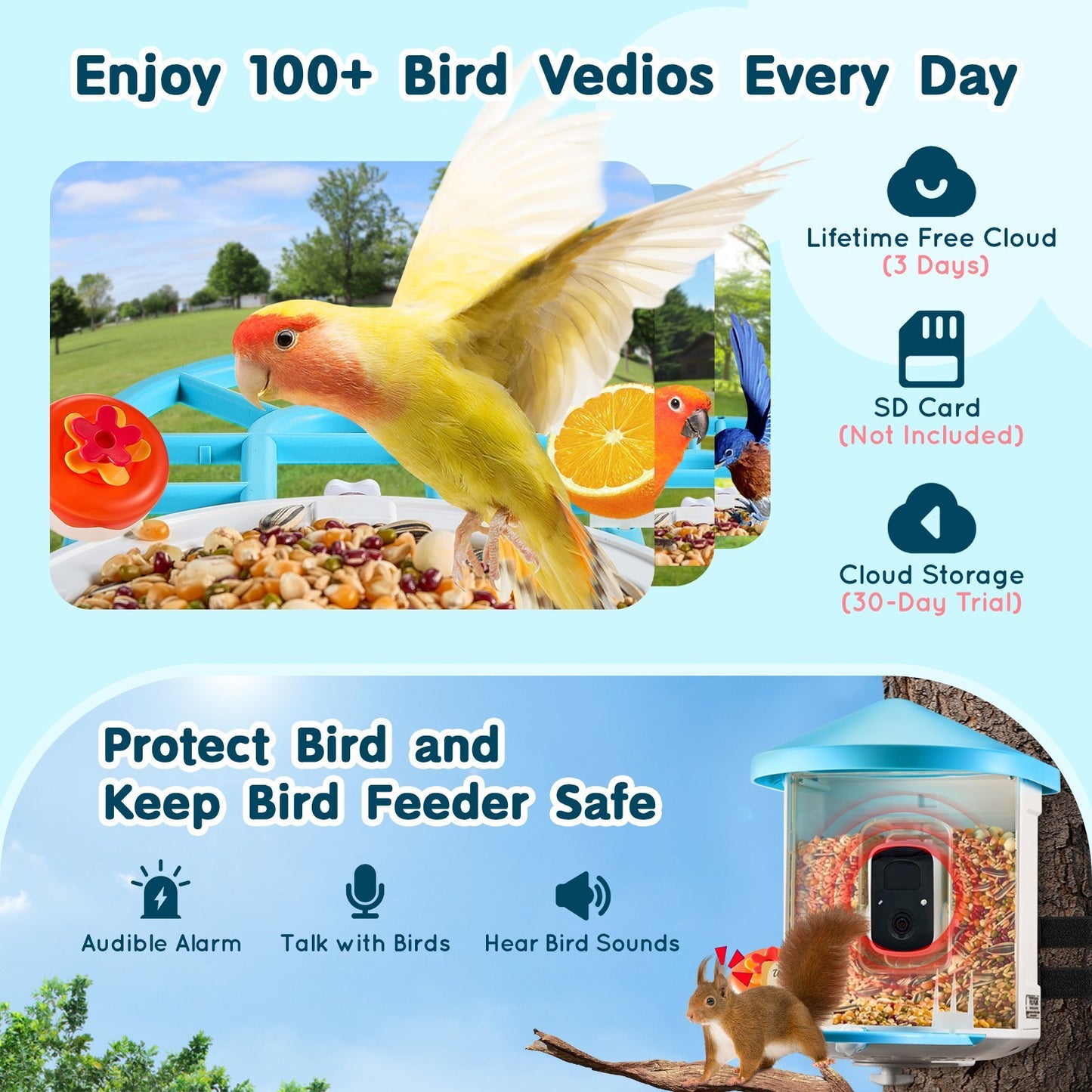 US Local VEVOR Smart Bird Feeder With Camera 2K HD AI Identify Bird Species Auto Capture