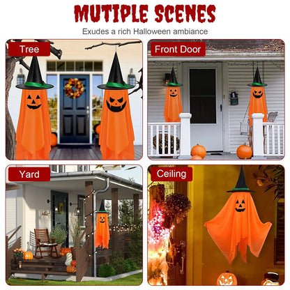 US Local 2 Pcs Hanging Ghosts With Wizard Hat Snicker Scary Face Halloween Party Hanging Decorations Pumpkin Wizard Hat For Eave Tree Porch