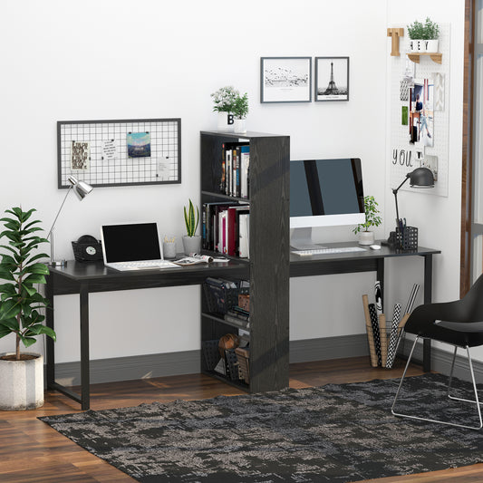 US Local Extra Long 2-Person Desk With Bookshelf Black Home Office Workstation Combo