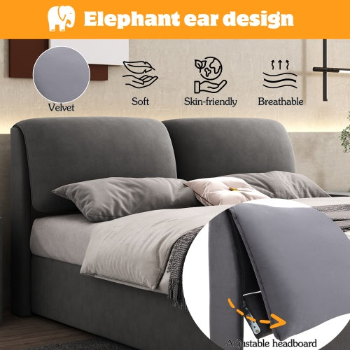 UK Local Upholstered Bed,Double Bed-4ft6  135x190cm  Hydraulic Bed, Three Drawers, Bed Box For Storage, Slatted Frame With Headboard, Without Mattress, Velvet, Grey