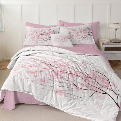 US Local Cherry Blossom Pattern Comforter Set 8PCS Twin Size Soft Bedding Set,1 Comforter,1 Pilow Cover,1 Flat Sheet,1 Fitted Sheet,4 Cushion Cover