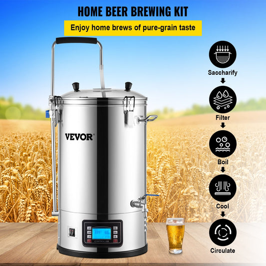 US Local Electric Brewing System, 9.2 Gal/35 L Brewing Pot, All-in-One Home Beer Brewer W/Pump, Mash Boil Device W/Panel, Auto/Manual Mode 100-1800W Power 25-100?? Temp 1-180 Min Timer Recipe Memory