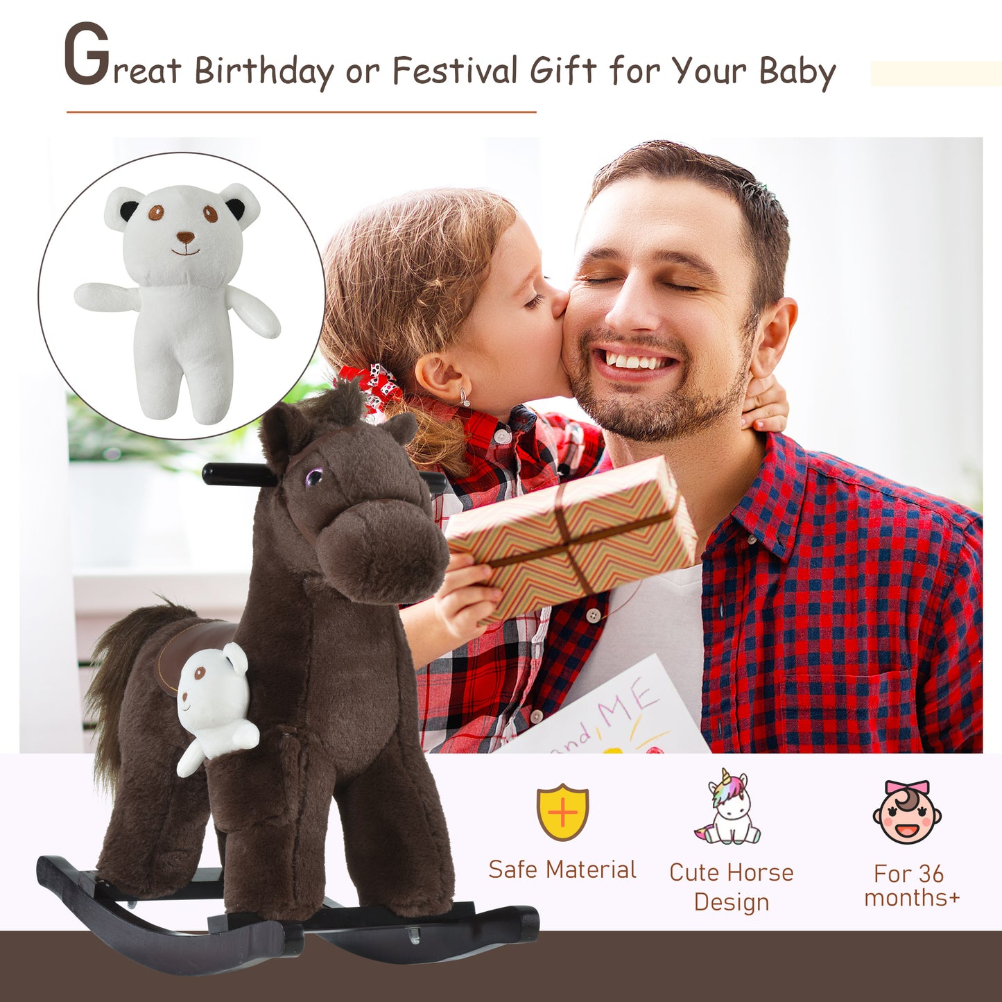 US Local Kids Plush Ride-On Rocking Horse with Bear Toy