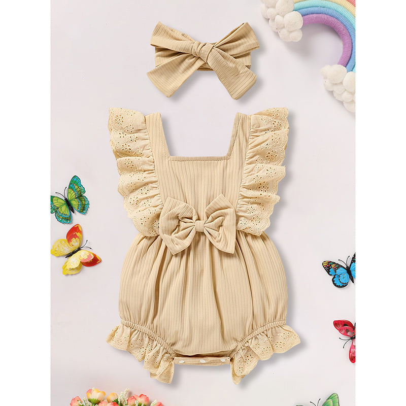 US Local Infant Baby Girl Solid Color Square Neck Bow Onesie & Headband Adorable Summer Outfit