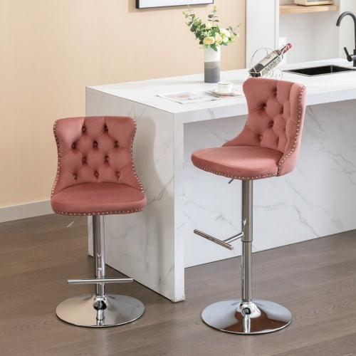US Local Swivel Velvet Barstools Adjusatble Seat Height From 25-33 Inch Pink,Set Of 2