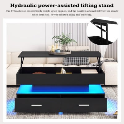 UK Local Hydraulic Lift Top Coffee Table, LED Coffee Tables With Storage For Living Room, Coffee Table With 2 Drawers & LED Light For Dining Reception Room, Black