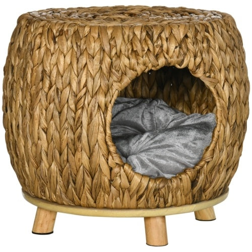UK Local PawHut Wicker Cat Bed Cat House Stool With Washable Cushion, 44 X 43 X 41cm